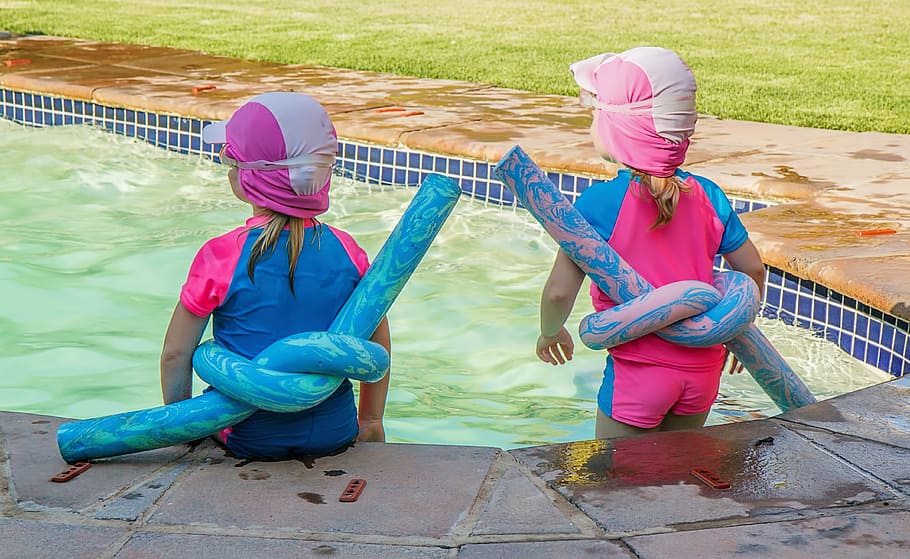 two children on pool, playing, sun, summer, fun, water, girl HD wallpaper
