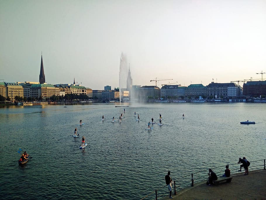 hamburg, alster, internal age, alster fountain, stand paddle