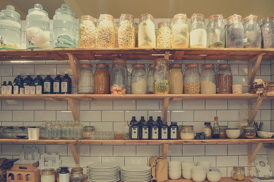 jars on rack above plates and bowls, shelf, container, food, shelves, HD wallpaper