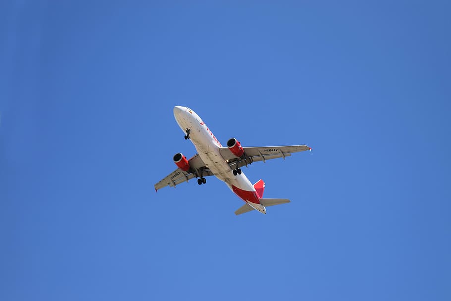 red and white airliner in the sky, plane, fly, blue, travel HD wallpaper