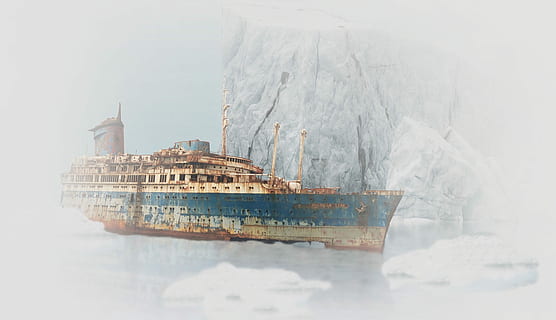 white and blue cruise ship beside iceberg, wreck, old, stainless HD wallpaper
