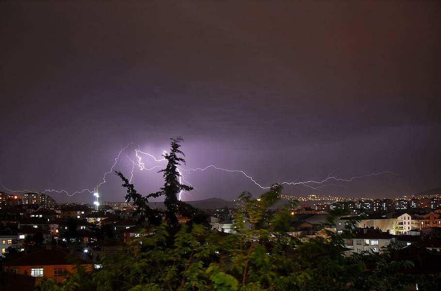 lightning, sky, building exterior, cloud - sky, architecture HD wallpaper
