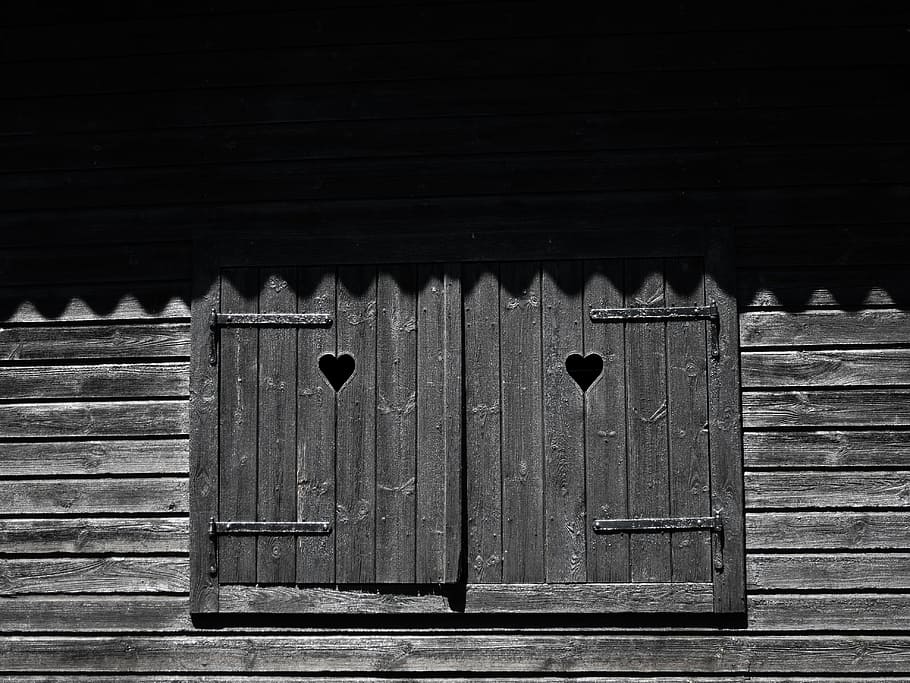 Window, Wood, Alm, Alpine Hut, Rustic, heart, black, dark, shutter, HD wallpaper