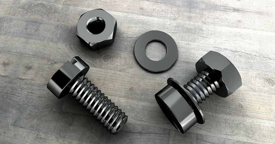 two black metal nut, bolts, and washer, screw, thread, technology