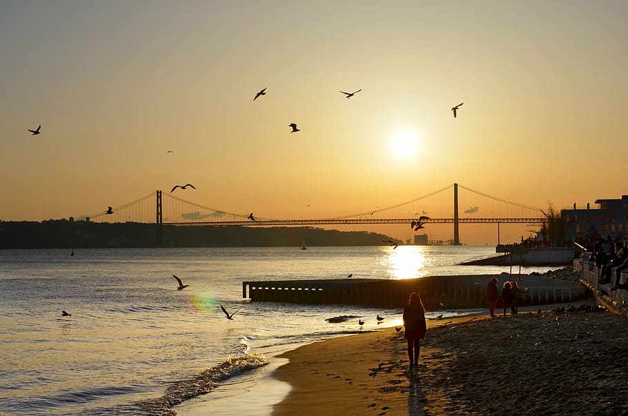 Golden Gate Bridge during daytime, lisbon, river, sunset, city HD wallpaper