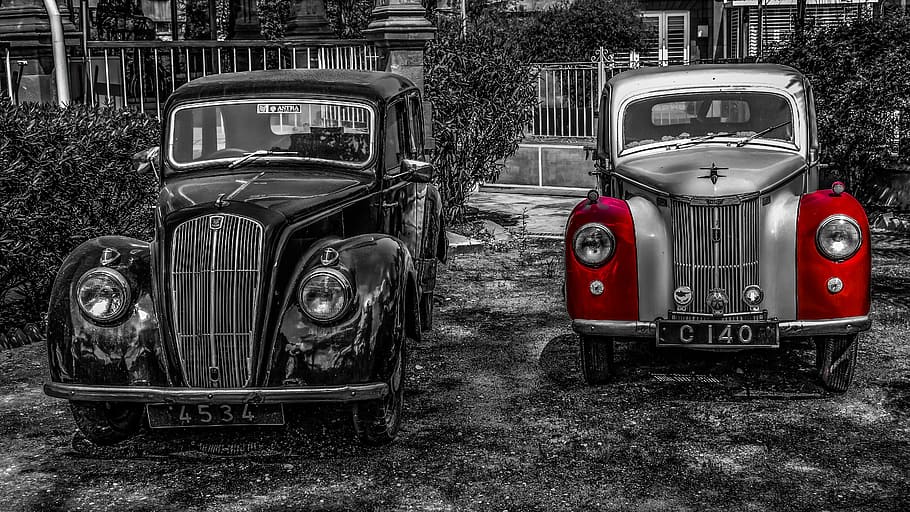 two classic vehicles selective color photography, car, transportation system