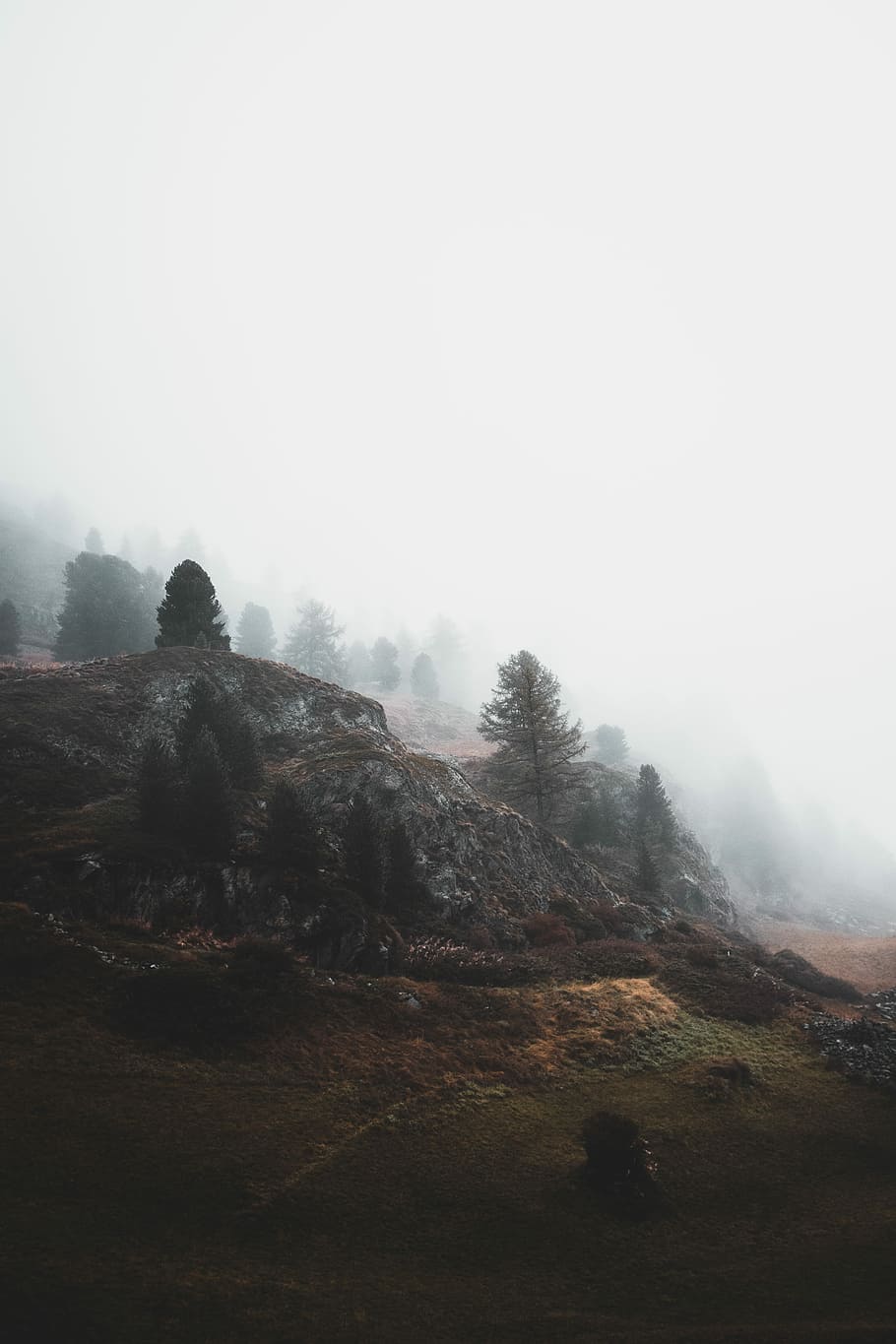 fog-covered mountain, landscape photography of hill with fog coming down HD wallpaper