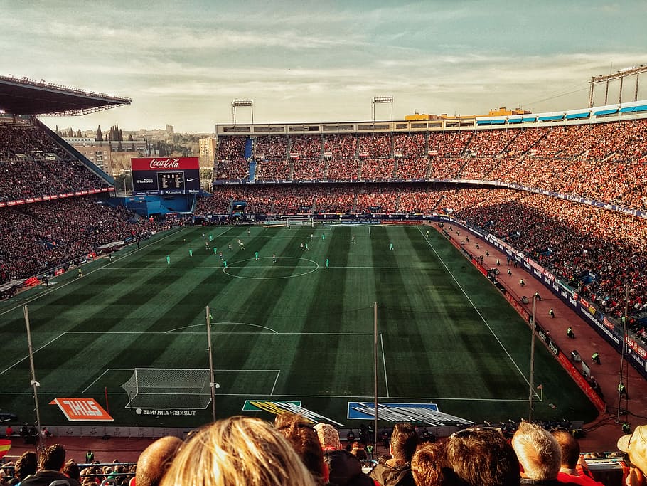 green soccer field with crowd at daytime, landscape photography of stadium, HD wallpaper