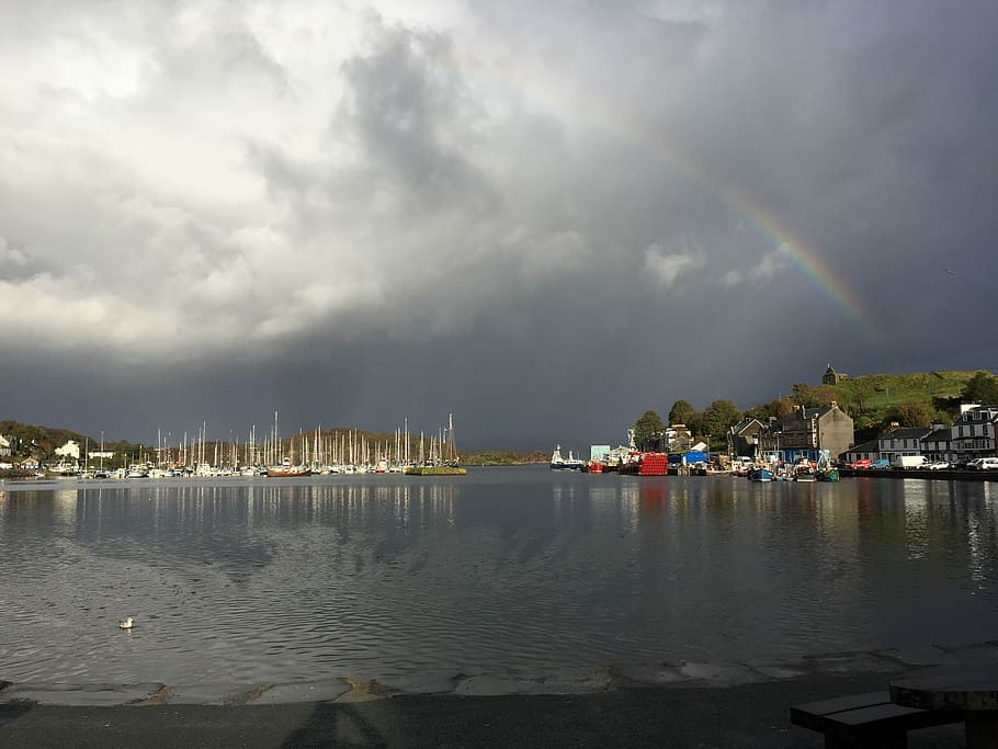 Rainbow, Clouds, Scotland, Light, sky, nature, water, reflection HD wallpaper
