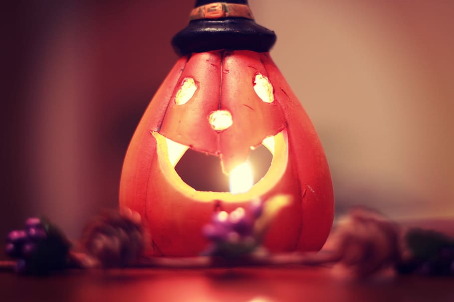 orange Jack-o-lantern, halloween, pumpkin, candle, decoration HD wallpaper