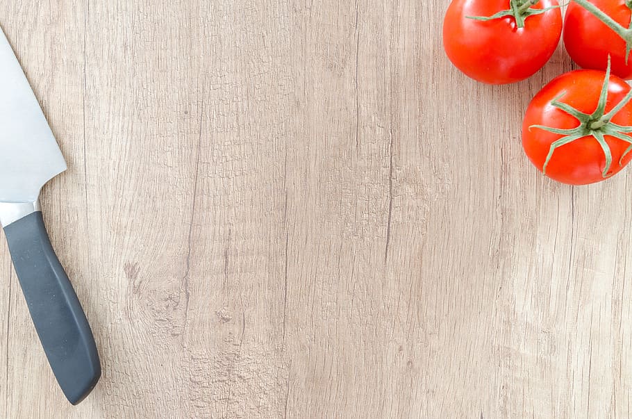 three tomatoes and stainless steel knife, food, wood, table, wooden, HD wallpaper