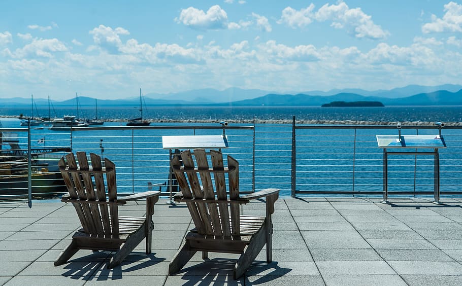 Burlington, Vermont, Lake Champlain, chairs, scenery, mountains, HD wallpaper