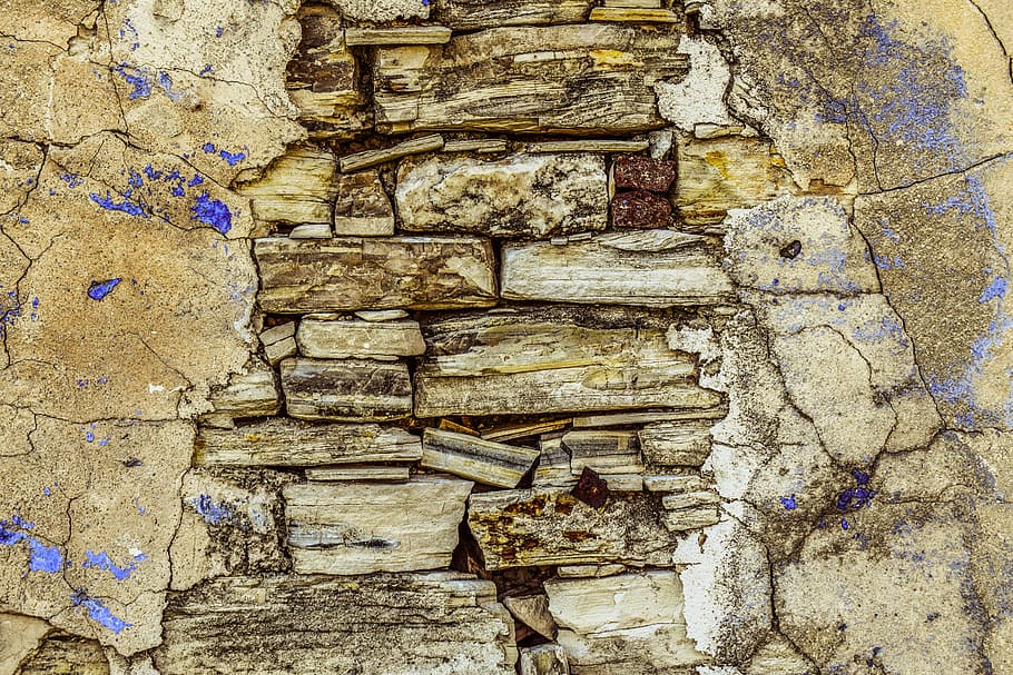 gray concrete wall with blue paint, old, stone, rough, crack HD wallpaper