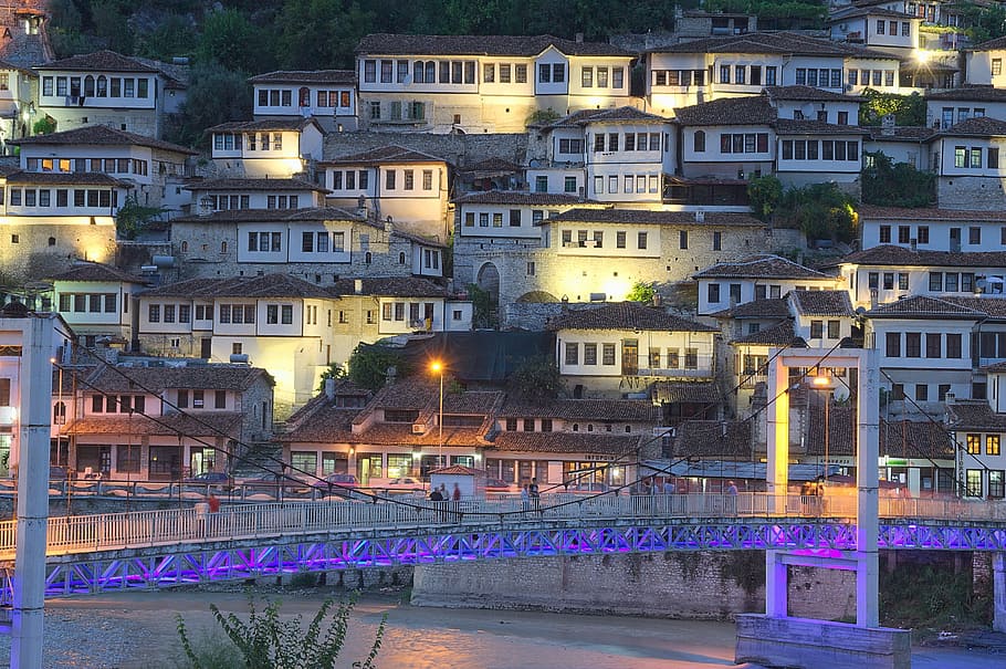 white bridge near houses, albania, berat, mangalem, old town, HD wallpaper