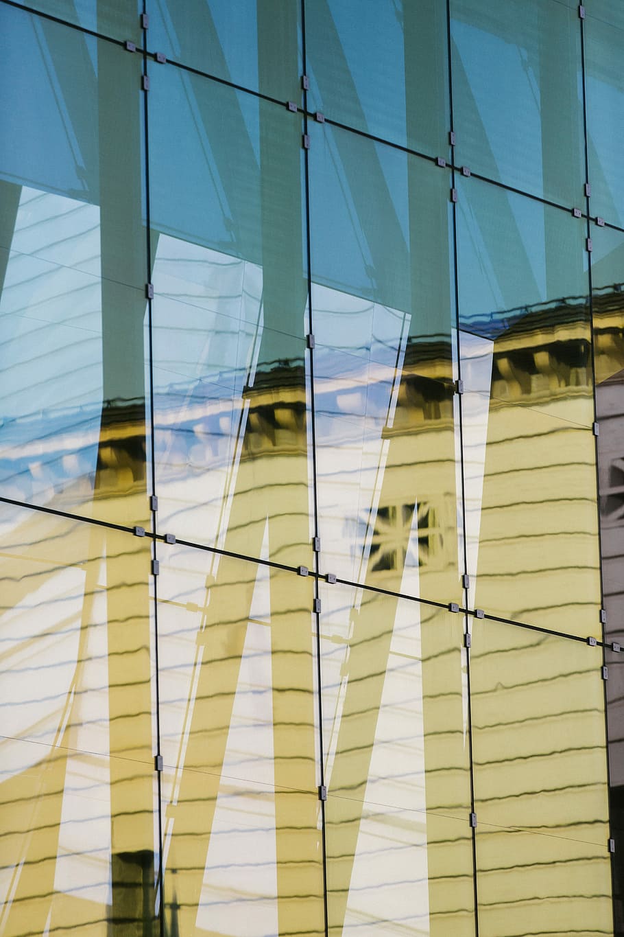 reflection of white structure in building window, glass, window, reflection, abstract, shapes, pattern