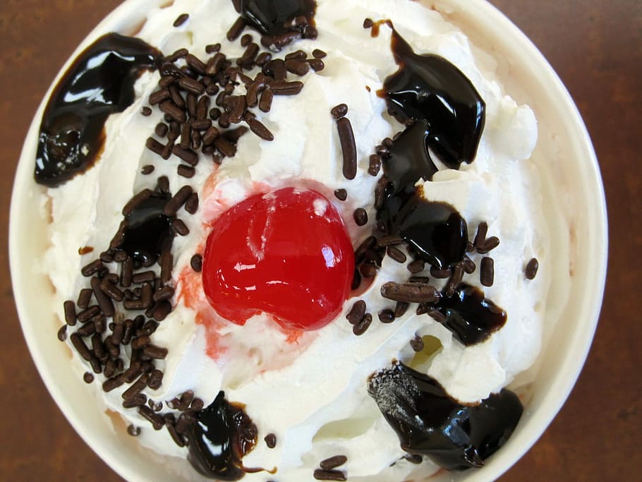 HD wallpaper: Frozen Yogurt, Whipped Cream, Cherry, hot fudge, sauce, choco...
