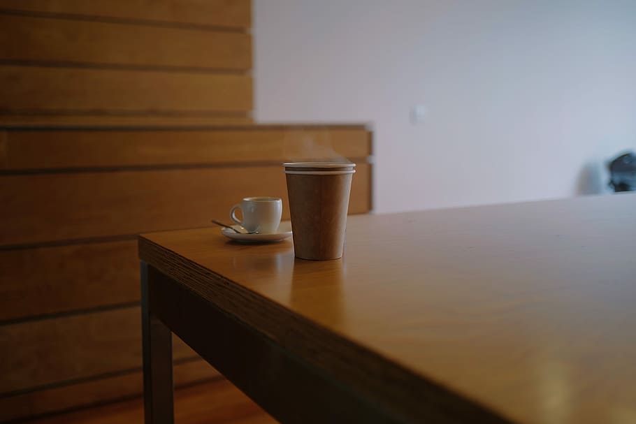 white ceramic teacup beside plastic cup, table, paper cup, coffee HD wallpaper