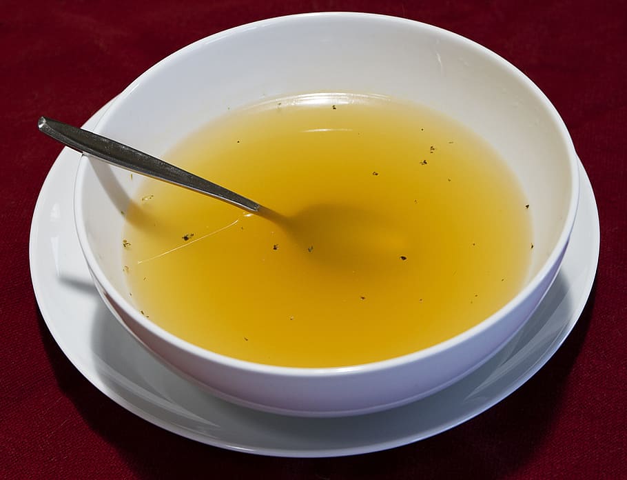 round white bowl filled with yellow liquid, clear broth, soup, HD wallpaper