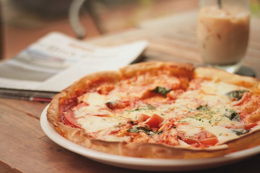 pizza on white ceramic plate, food, cheese, mozzarella, baked HD wallpaper