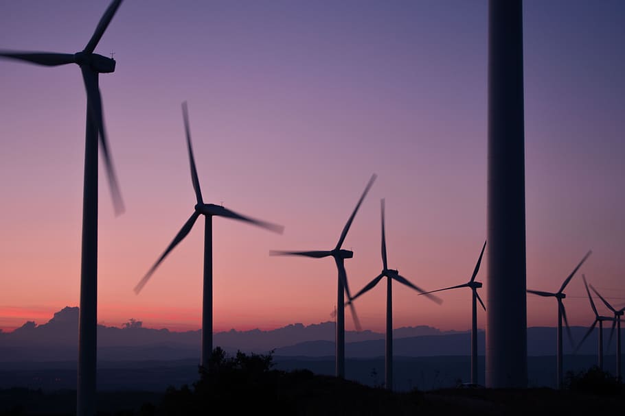 silhouette of wind turbines during sunset, silhouette photo of wind turbines, HD wallpaper