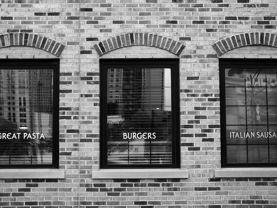 Windows and Brick, grayscale photography of Burgers-printed window HD wallpaper