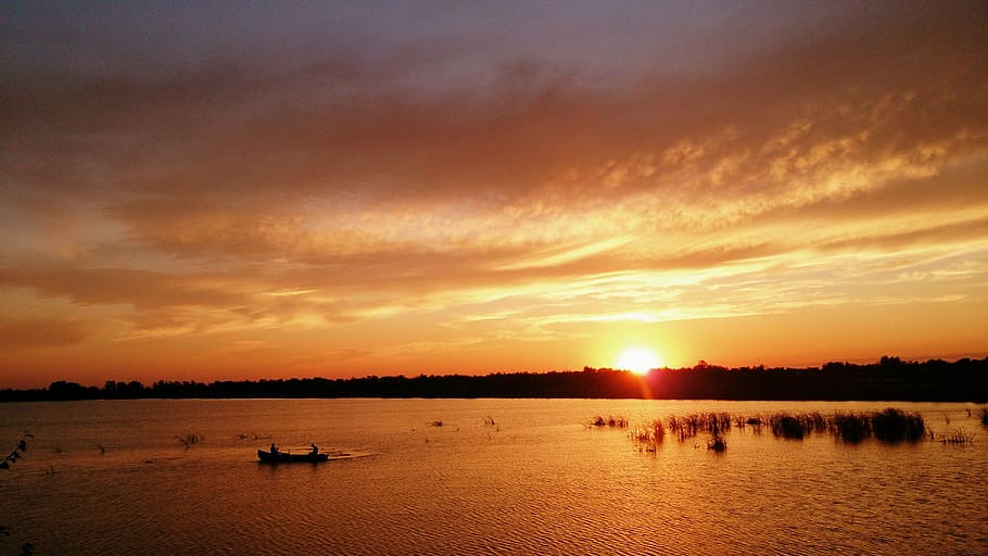 sunset, orange, water, ocean, sea, horizon, boat, canoe, silhouette HD wallpaper