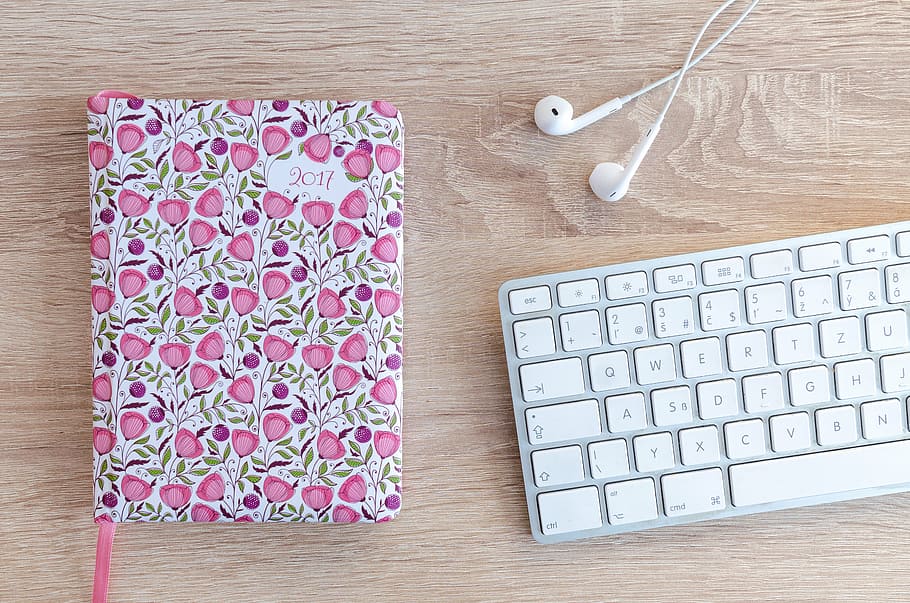 design, desk, document, earphones, electronics, keyboard, notebook HD wallpaper