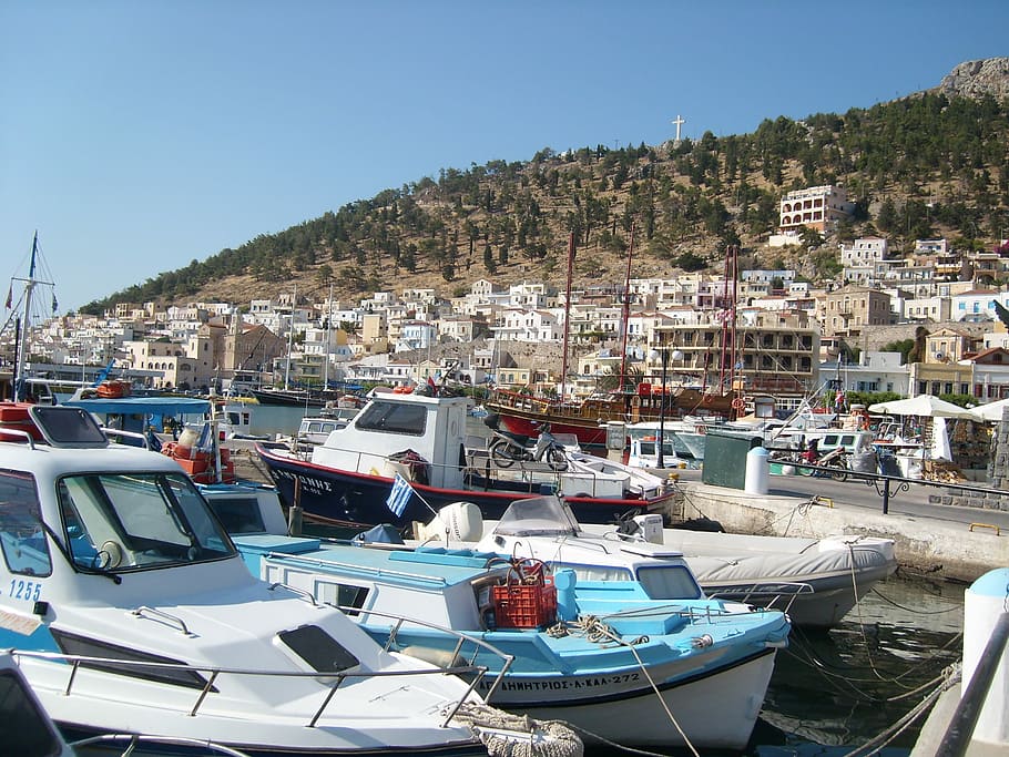 Greece, Dodecanese, Boat, Blue, Sea, port, water, wooden boat, HD wallpaper