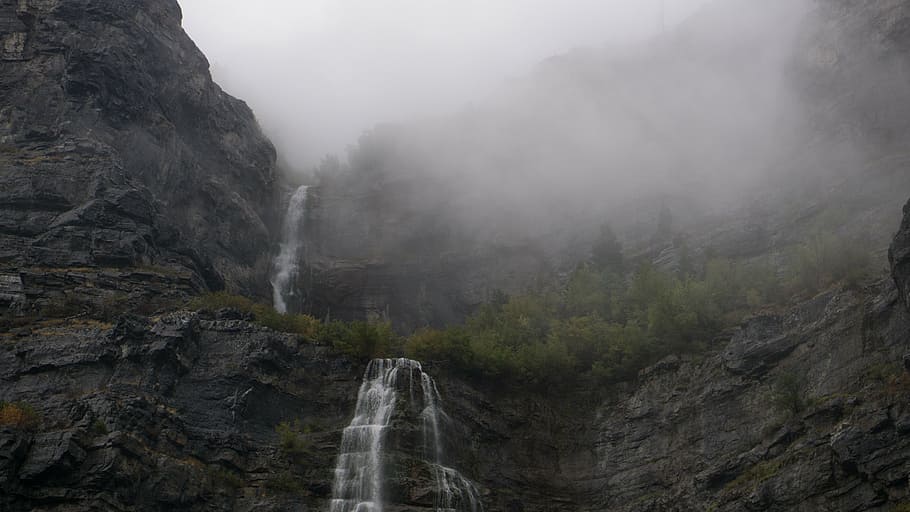 waterfalls covered in mists during daytime, fog, green, tree HD wallpaper