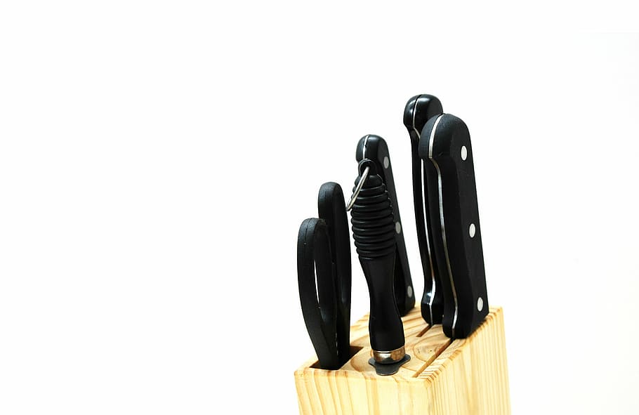black handle knife set in beige knife block, nanjing, cutting tool HD wallpaper