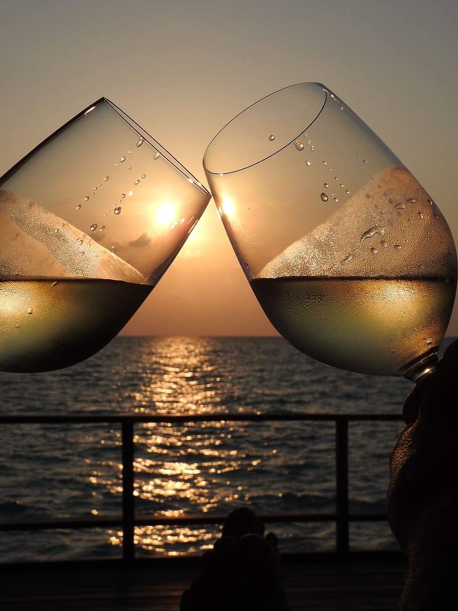 sunset, wine glass, romantic, water, sea, sky, nature, beauty in nature HD wallpaper