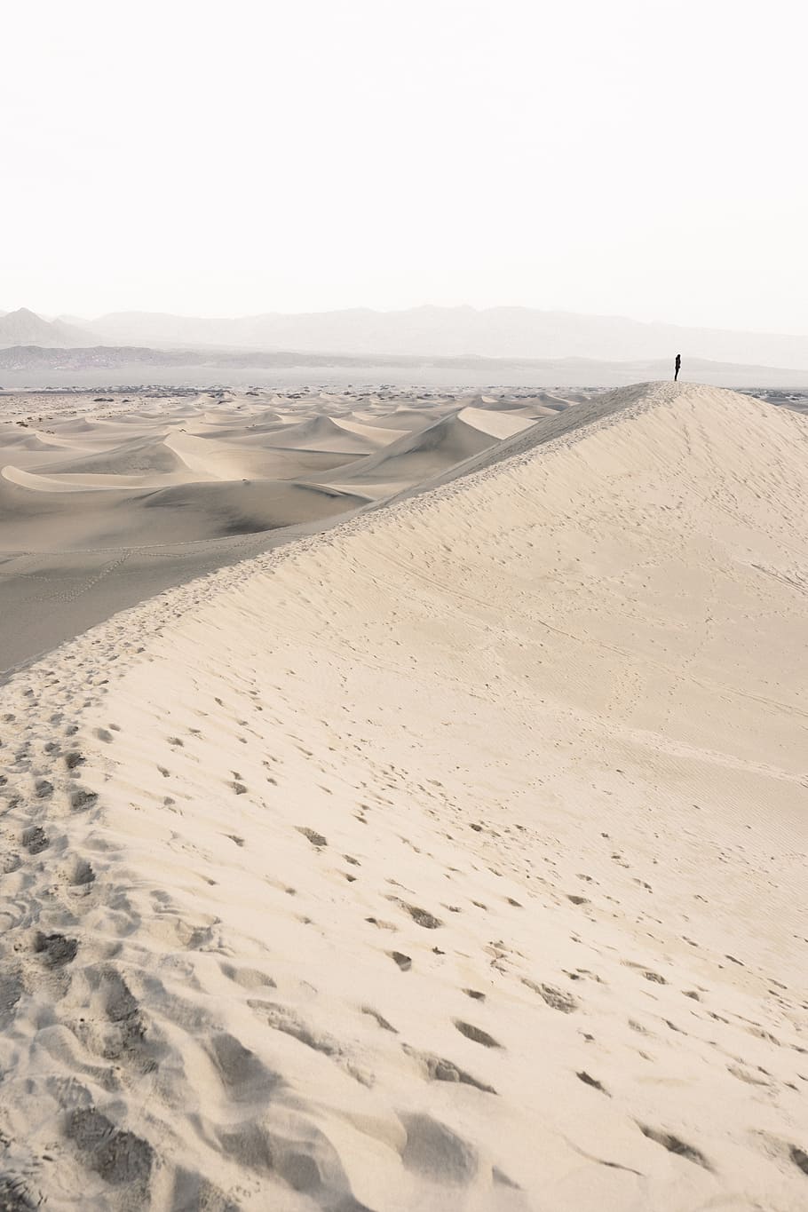 person standing on desert during daytime, person standing at top of desert mountain HD wallpaper