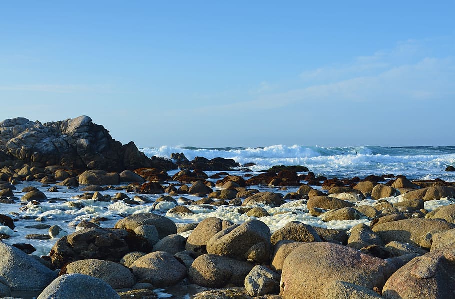 monterey, california, coastal, sea, water, sky, rock, beach, HD wallpaper