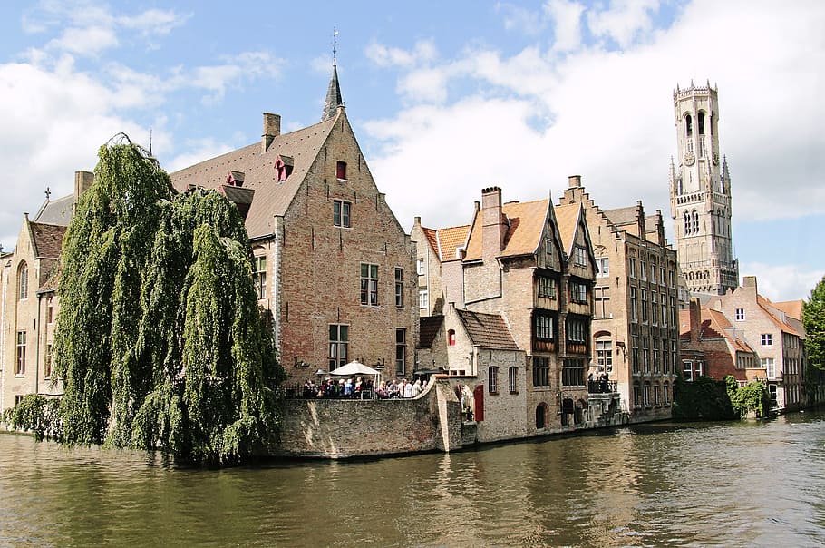 gray concrete structure beside body of water, belfry, tower, bruges, HD wallpaper