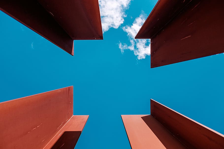 red steel frames, beams, architecture, metal, sky, clouds, blue