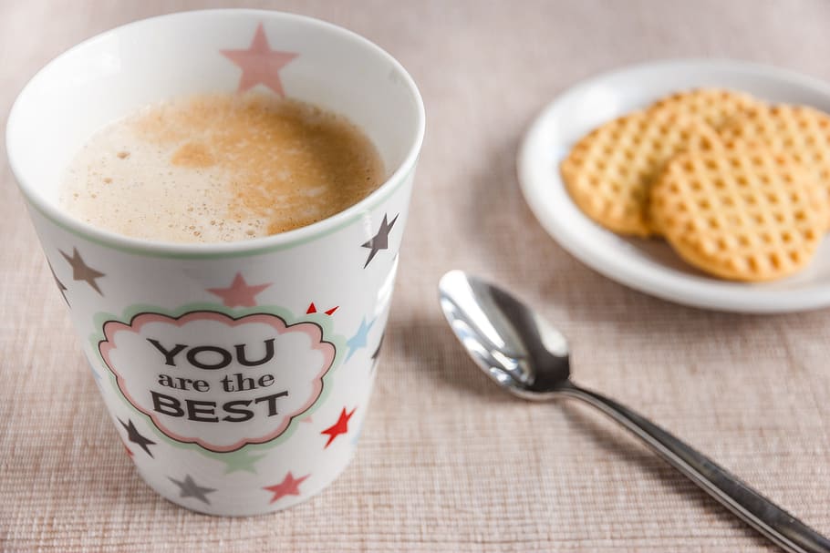 coffee cup near on spoon and saucer, cafe, porcelain, foam HD wallpaper