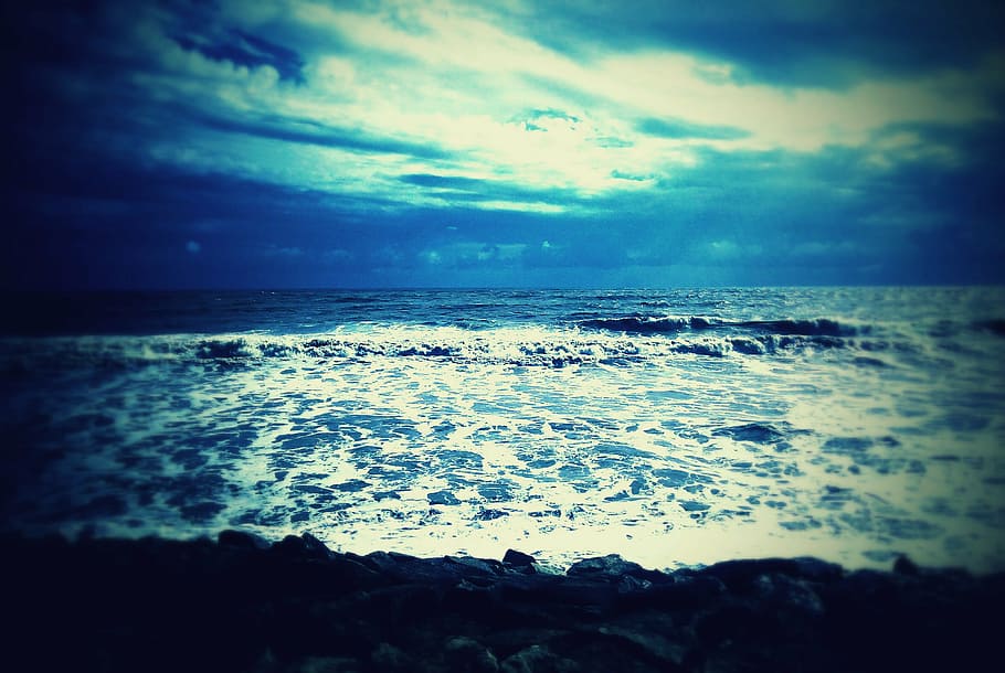 beach, blue, clouds, dawn, horizon, nature, ocean, sea, seascape HD wallpaper