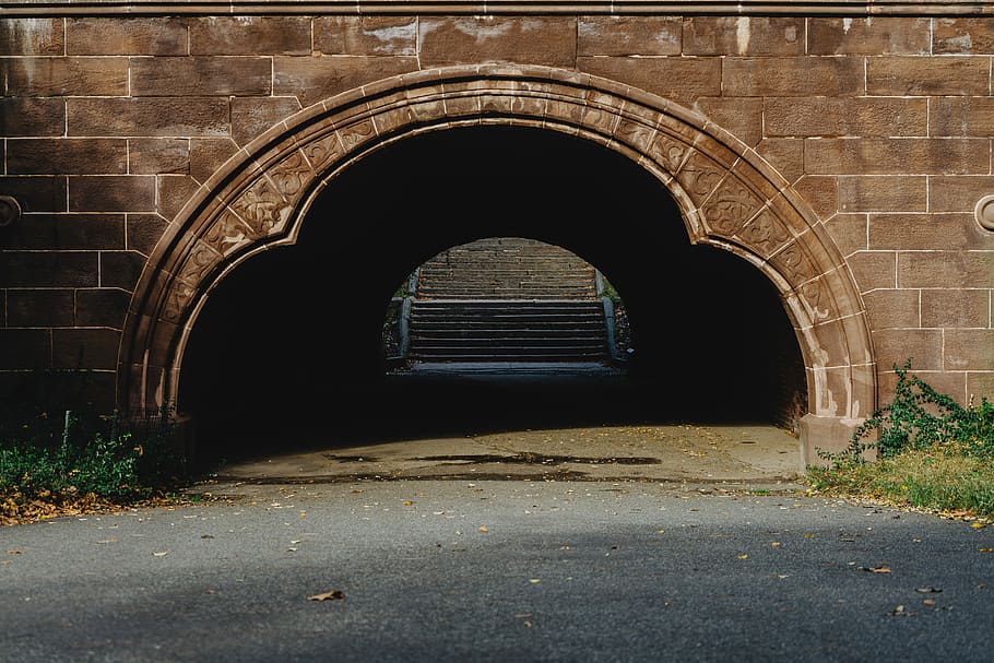 empty tunnel towards stairs, wall, stone, bridge, road, arch HD wallpaper