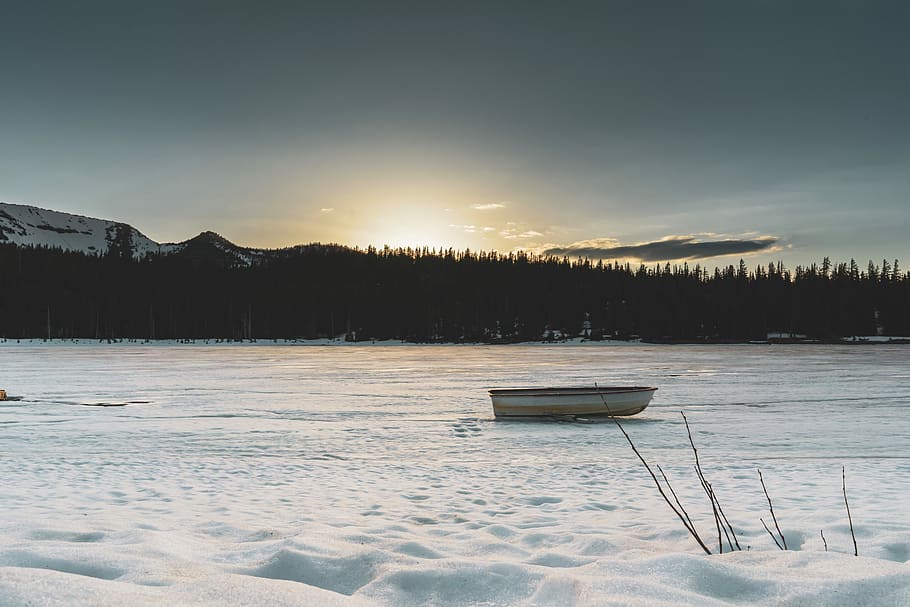 boat on frozen lake with silhouette of trees at distance, boat on snow field HD wallpaper