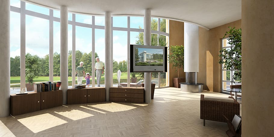 turned on gray and black flat screen television, interior, villa HD wallpaper