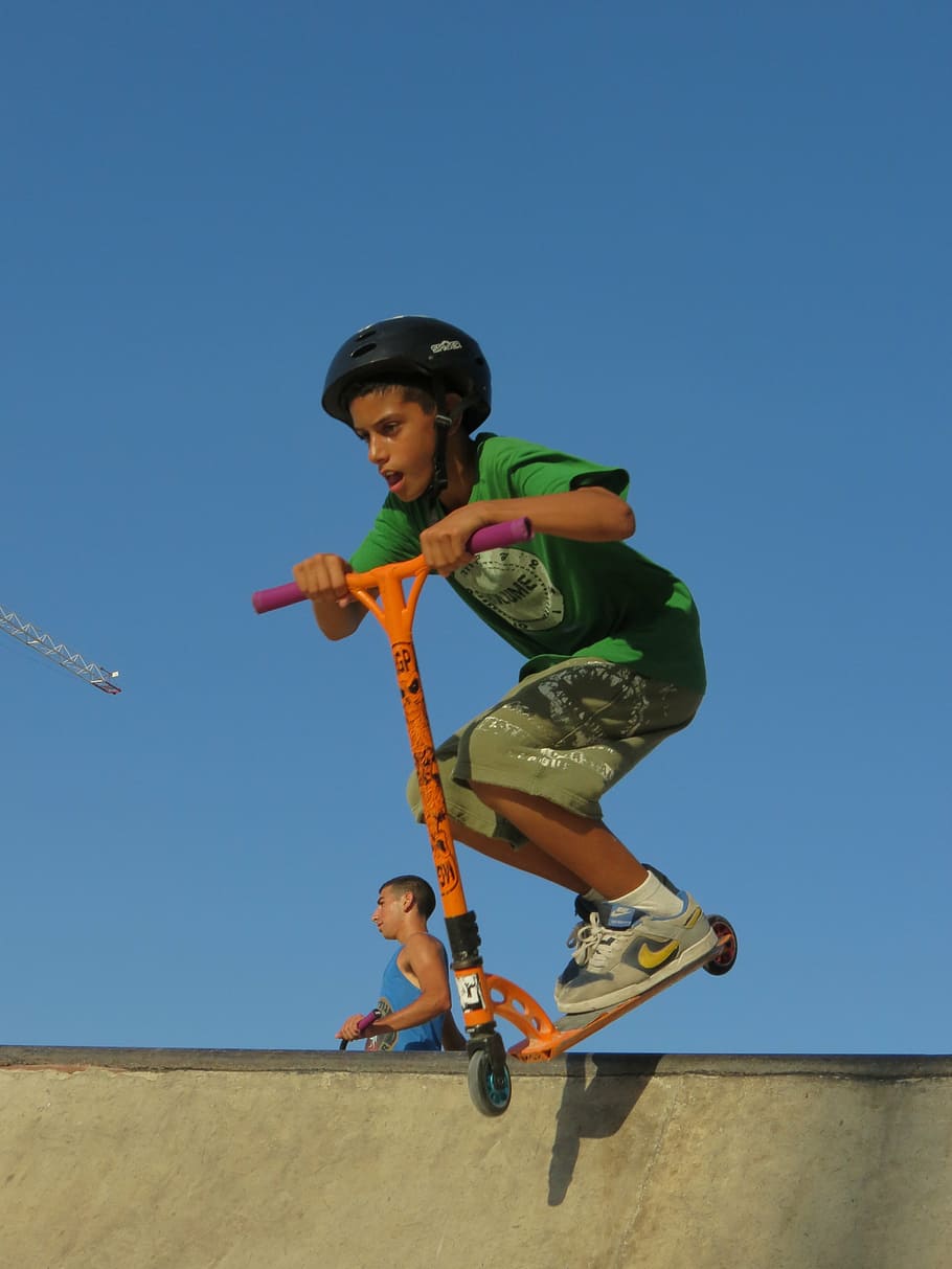 boy riding kick scooter, kid, stunt, jumping, half pipe, sport, HD wallpaper
