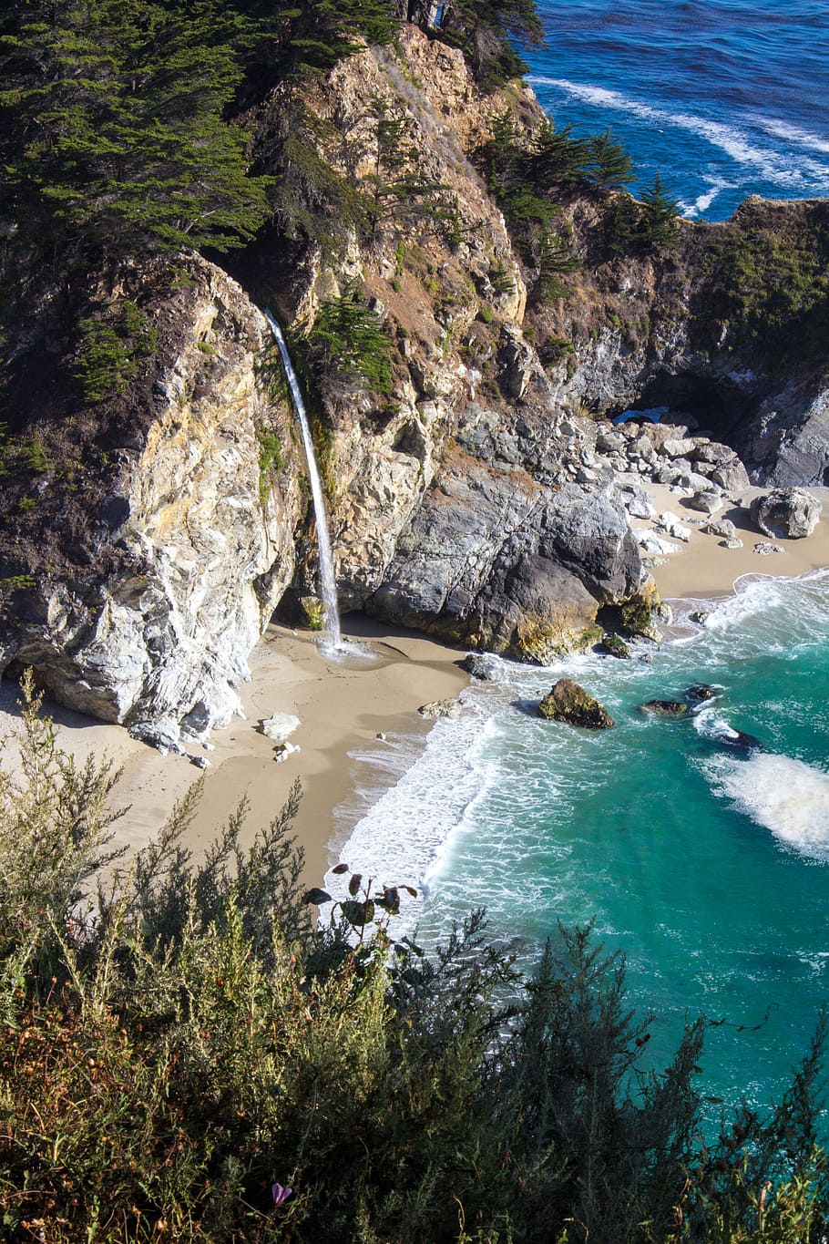 beach, waterfall, coastal, california, west coast, sea, natural, HD wallpaper