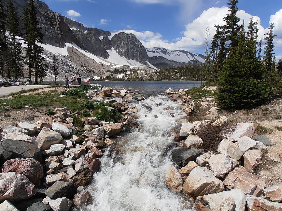stream, waterfall, scenery, solid, mountain, rock, sky, scenics - nature HD wallpaper