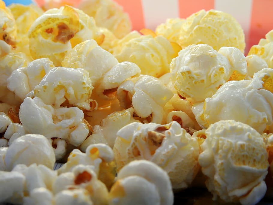 close-up photo of popcorn, cinema, snack, sweet, food, nibble