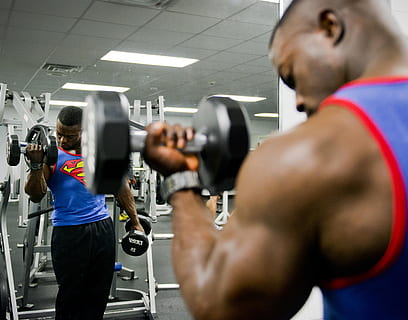 man holding black dumbbell, bodybuilder, weight, training, stress HD wallpaper