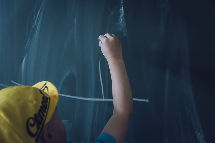 man in yellow cap holding chalk, board, child, school, children, HD wallpaper