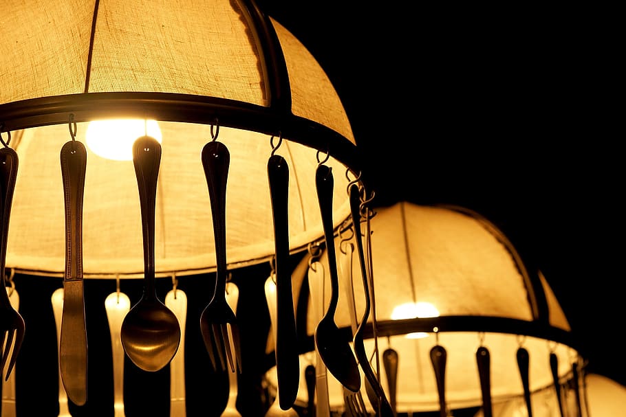 lamp, bulbs, spoon, fork, decorate, restaurant, atmosphere HD wallpaper