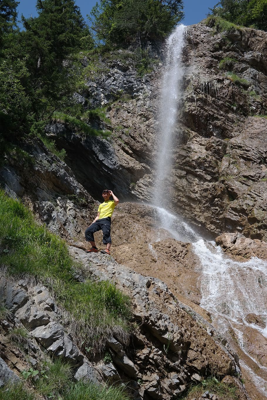 zipfel case, waterfall, man, wanderer, hike, steep, zipfel brook case HD wallpaper