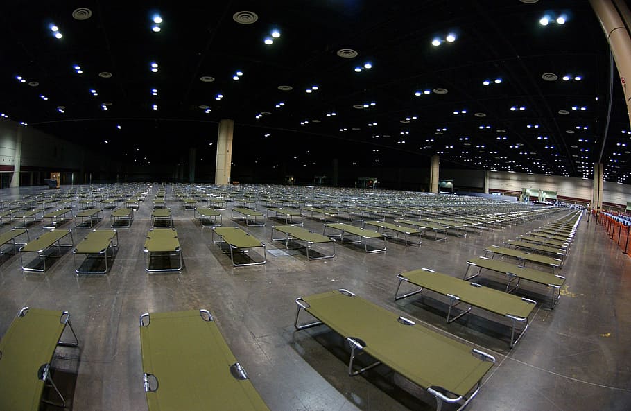 green folding bed lot, building, inside, interior, cots, many HD wallpaper