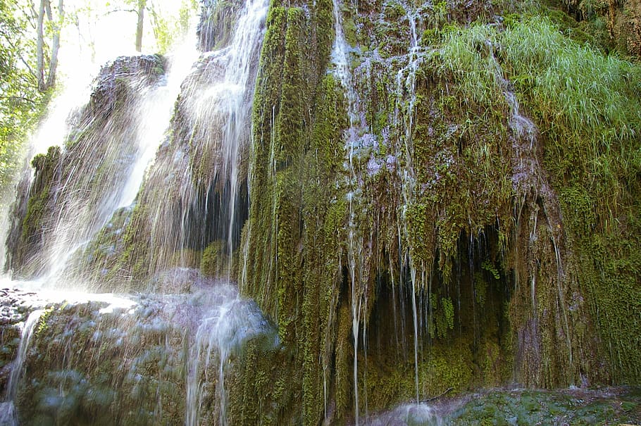 cataract, river, fall, stone monastery, waterfall, nature, forest HD wallpaper